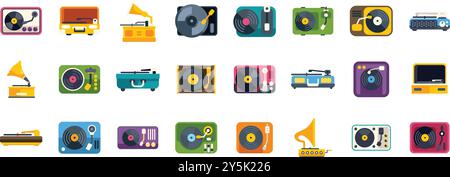 Set di diversi lettori che mostrano l'evoluzione della tecnologia di ascolto musicale, dai grammofoni alle moderne apparecchiature per dj Illustrazione Vettoriale