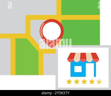 Geofencing Local Search Marketing. Marketing digitale basato su posizione, valutazioni e recensioni dei clienti. SEO locale per le piccole imprese. Illustrazione Vettoriale