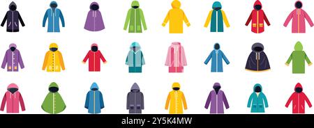 Grande set di impermeabili colorati con cappuccio che protegge da pioggia e freddo Illustrazione Vettoriale
