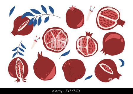 Set di melograni stilizzati. Illustrazione vettoriale della raccolta di frutti e foglie disegnati a mano isolata su sfondo bianco. Illustrazione Vettoriale