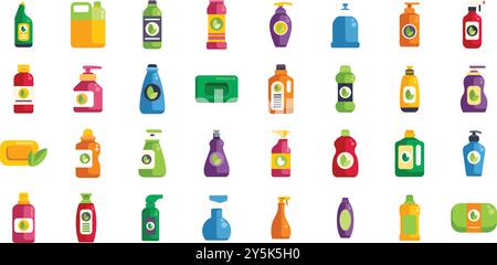 Icone colorate diverse che mostrano i prodotti per la pulizia con il simbolo di una foglia, che illustrano il concetto di detergenti e saponi ecologici Illustrazione Vettoriale