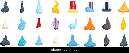 Serie di illustrazioni colorate raffiguranti geyser che eruttano acqua e vapore in diverse forme e dimensioni Illustrazione Vettoriale