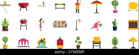 Questa illustrazione presenta vari elementi relativi al tempo libero all'aperto, perfetto per rappresentare il relax, le vibrazioni estive e la vita all'aperto Illustrazione Vettoriale