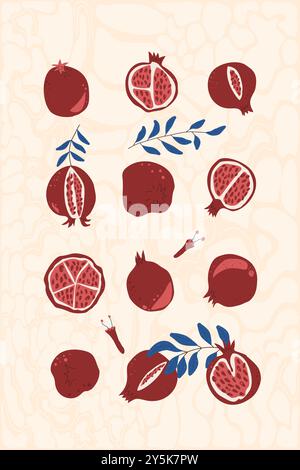 Poster dei melograni. Illustrazione vettoriale piatta disegnata a mano Illustrazione Vettoriale