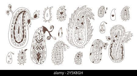 Kit Paisley Elements. Illustrazione vettoriale disegnata a mano in stile doodle isolata su sfondo bianco. Illustrazione Vettoriale