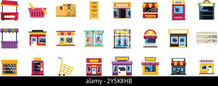 Set di vari edifici urbani abbandonati icone in stile piatto, tra cui negozi, negozi, bancarelle, cabine e altre costruzioni con finestre rotte, chiuse e coperte da ragnatele Illustrazione Vettoriale