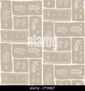 Patchwork dai toni neutri motivo senza cuciture con linea paisley disposta in segmenti rettangolari. Sfondo a ripetizione monocromatico patchwork. Illustrazione del disegno vettoriale a mano. Illustrazione Vettoriale