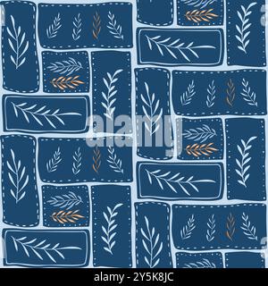 Motivo floreale astratto senza cuciture. Sfondo infinito in stile boho. Copertina folk ripetuta. Ornamento continuo blu e rosso con dettagli cuciti. Illustrazione piatta disegnata a mano dal vettore. Illustrazione Vettoriale
