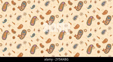 Moderno motivo paisley senza cuciture. Decorazioni senza fine su sfondo beige. Illustrazione piatta disegnata a mano dal vettore. Illustrazione Vettoriale