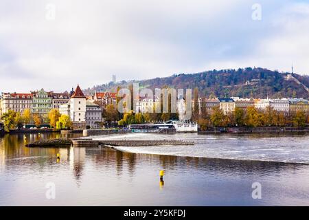 Vista di Malá Strana e dei Giardini Petřín dal Ponte di Jirásek, Praga, Repubblica Ceca Foto Stock