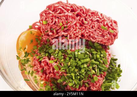 La carne macinata con uova e erbe aromatiche in una ciotola di vetro Foto Stock