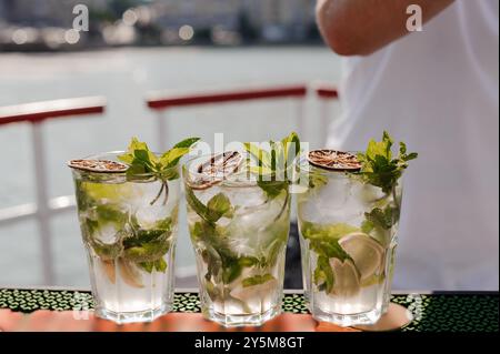 Rinfrescanti cocktail Mojito con Menta e Lime Garnish serviti in bicchieri trasparenti in un Sunny Day by the Water. Foto Stock