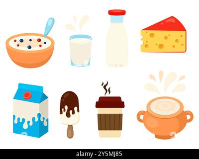 Set di prodotti lattiero-caseari in confezioni diverse. Schizzi di latte. Illustrazione vettoriale. Illustrazione Vettoriale