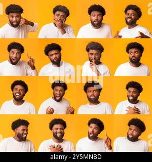 Collage di giovane uomo nero le espressioni e le emozioni Foto Stock
