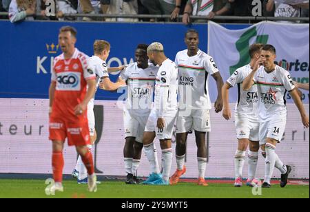 Lovanio, Belgio. 22 settembre 2024. Youssef Maziz dell'OHL festeggia dopo aver segnato durante una partita di calcio tra OH Leuven e KV Kortrijk, domenica 22 settembre 2024 a Lovanio, il giorno 8 della stagione 2024-2025 della prima divisione del campionato belga "Jupiler Pro League". BELGA FOTO JOHN THYS credito: Belga News Agency/Alamy Live News Foto Stock