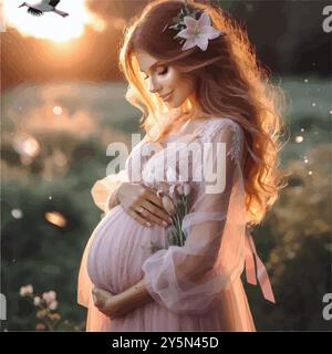 Una donna di vent'anni, con un piccolo bump, si erge in un giardino al tramonto, cullando la sua pancia con un sorriso sereno, irradiando un'imminente maternità. Illustrazione Vettoriale