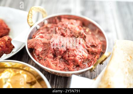 Cucina indiana Thali abbina un pasto in stile indiano con pollo, carne, roti, riso e insalata. Combinazioni gastronomiche indiane. Copyspace Foto Stock