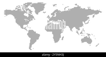 Questa mappa vettoriale dettagliata visualizza una rappresentazione pixelata del mondo. Il design è caratterizzato da angoli arrotondati, per un tocco moderno alla cartografia. Funge da mappa versatile per vari usi. Illustrazione Vettoriale