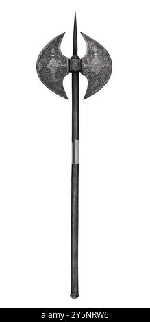 Un'ascia d'argento medievale antica, decorata e isolata su sfondo bianco Foto Stock