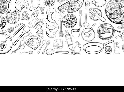 Lezione di cucina modello per fiocchi. Ingredienti e utensili da cucina isolati su sfondo bianco. inquadra gli articoli da cucina e inserisci il testo Illustrazione Vettoriale