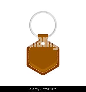 Portamonete Vector in pelle, portachiavi marrone per chiave. Anello metallico. Etichetta del telecomando marrone per auto o ufficio. Portachiavi isolato su sfondo bianco. A vuoto Illustrazione Vettoriale