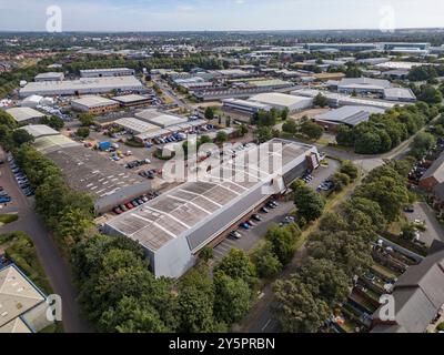 Vista aerea generale della zona industriale di Heathcote a sud di Royal Leamington Spa (CV34), Warwickshire, Regno Unito. Foto Stock