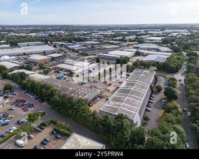 Vista aerea generale della zona industriale di Heathcote a sud di Royal Leamington Spa (CV34), Warwickshire, Regno Unito. Foto Stock