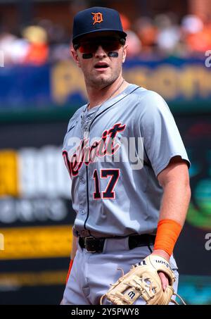 Baltimora, Stati Uniti. 22 settembre 2024. BALTIMORE, MD - 22 SETTEMBRE: Seconda base dei Detroit Tigers Jace Jung (17) durante una partita della MLB tra Baltimore Orioles e Detroit Tigers, il 22 settembre 2024 all'Oriole Park a Camden Yards, a Baltimora, Maryland. (Foto di Tony Quinn/SipaUSA) credito: SIPA USA/Alamy Live News Foto Stock