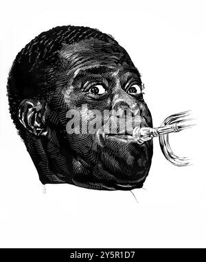 Stampa di un'incisione del grande musicista jazz americano Louis Armstrong (Satchmo) di Zadig Foto Stock