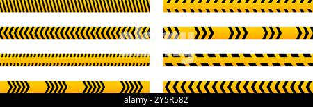 Set di nastri di avvertenza orizzontali con barre diagonali nere e arancioni o stampa a freccia. Confini vietati nell'area di costruzione o nella zona di lavoro stradale. Segnali di stop o ristretti. Illustrazione piatta vettoriale. Illustrazione Vettoriale