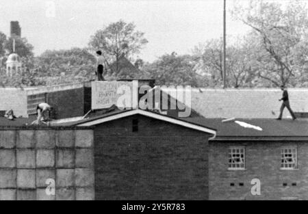 I PRIGIONIERI PROTESTANO SUL TETTO DELLA PRIGIONE DI ALBANY, ISOLA DI WIGHT. LA TARGHETTA LEGGE. RIFORMA CARCERARIA, PARITÀ CON I PRIGIONIERI IRLANDESI. PIC MIKE WALKER, 1983 Foto Stock