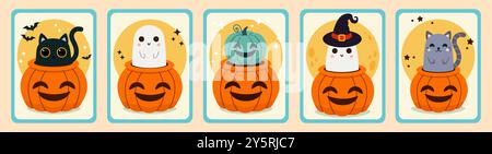 Carini elementi di Halloween. Set di cartoline. Serie di poster. Illustrazione vettoriale in stile piatto. Illustrazione Vettoriale
