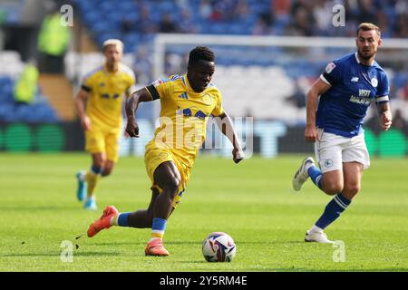 Cardiff, Regno Unito. 21 settembre 2024. Wilfried Gnonto di Leeds Utd in azione . Partita del campionato EFL Skybet, Cardiff City contro Leeds Utd al Cardiff City Stadium di Cardiff, Galles, sabato 21 settembre 2024. Questa immagine può essere utilizzata solo per scopi editoriali. Solo per uso editoriale, foto di Andrew Orchard/Andrew Orchard fotografia sportiva/Alamy Live news credito: Andrew Orchard fotografia sportiva/Alamy Live News Foto Stock