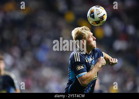 22 settembre 2024: Il difensore dell'Unione di Philadelphia Jakob Glesnes (5) dirige il pallone durante il secondo tempo di un match MLS contro il D. C. United al Subaru Park di Chester, Pennsylvania. Kyle Rodden/CSM Foto Stock