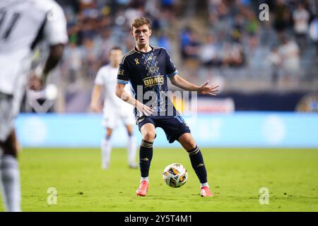 22 settembre 2024: Il centrocampista dell'Union Philadelphia Jack McGlynn (16) controlla il pallone durante il secondo tempo di un match MLS contro il D. C. United al Subaru Park di Chester, Pennsylvania. Kyle Rodden/CSM Foto Stock