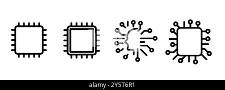 Linea di raccolta delle icone del processore CPU o del circuito del chip semiconduttore su sfondo nero su sfondo bianco simbolo del microchip del computer Illustrazione Vettoriale