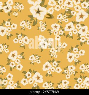Un motivo floreale senza cuciture caratterizzato da fiori bianchi con foglie verdi su sfondo giallo senape Illustrazione Vettoriale