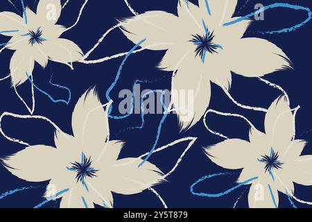 Tessuto floreale senza cuciture con motivo floreale e ampio sfondo blu navy Illustrazione Vettoriale