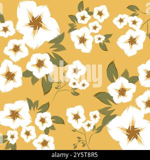 Un bellissimo motivo con fiori bianchi che hanno centri marroni. I fiori sono stilizzati e hanno un aspetto leggermente astratto, disegnato a mano, creando Illustrazione Vettoriale