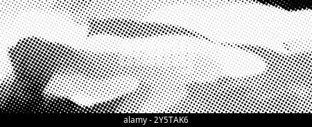 Trama dei mezzitoni sgranata punteggiata distorta. Sfondo bitmap grana pixel disordinato. Motivo gradiente ondulato e grunge in rilievo. Sfondo con rumore di grana raster retrò. Sfondo di sovrapposizione fumetti astratti vettoriali Illustrazione Vettoriale
