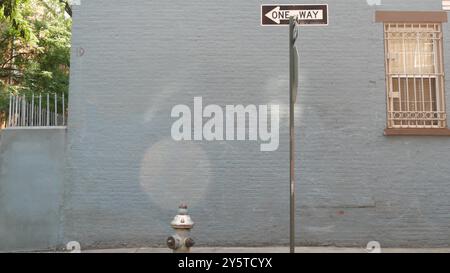 Incrocio a New York City, incrocio con Minetta Street, cartello con la freccia a senso unico. Edificio residenziale Manhattan Greenwich Village, New York, Stati Uniti. Muro di mattoni blu, idrante di fuoco. Foto Stock