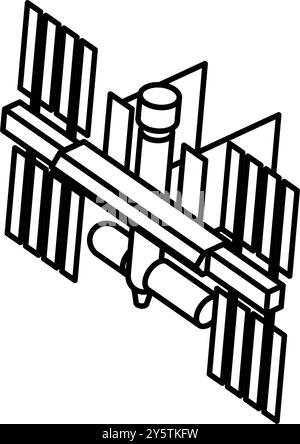 Semplice disegno lineare in bianco e nero della stazione spaziale, illustrazione isometrica, illustrazione vettoriale Illustrazione Vettoriale