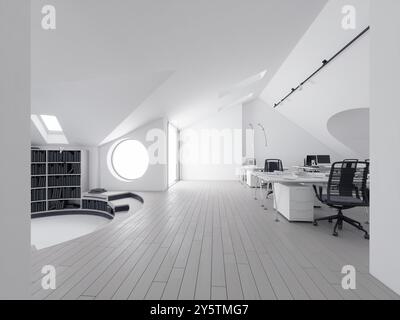 Ufficio minimalista con sedie ergonomiche e design bianco pulito. rendering 3d. Foto Stock