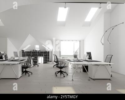 Ufficio minimalista con sedie ergonomiche e design bianco pulito. rendering 3d. Foto Stock