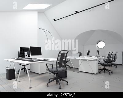 Ufficio minimalista con sedie ergonomiche e design bianco pulito. rendering 3d. Foto Stock