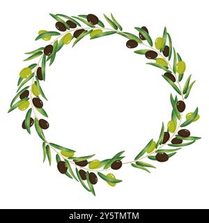 Corona di ulivo ramo di albero verde nero con frutti di bosco Illustrazione Vettoriale
