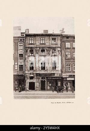 Foto d'epoca della Piazza del mercato a Leopoli (casa del XVIII secolo). Piazza Rynok è una piazza centrale della città di Leopoli, Ucraina. Secondo i dati archeologici, la piazza fu progettata nella seconda metà del XIII secolo, durante il regno del principe Leone i di Galizia. Tuttavia, c'è una lunga tradizione di datare più tardi l'emergere della piazza, associata alle attività del re polacco Casimiro III il grande. Foto Stock