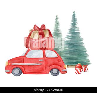 Illustrazione ad acquerello di un'auto rossa con regali, alberi di Natale e palle di Natale. Può essere utilizzato su tessuti, prodotti di carta e altri Foto Stock