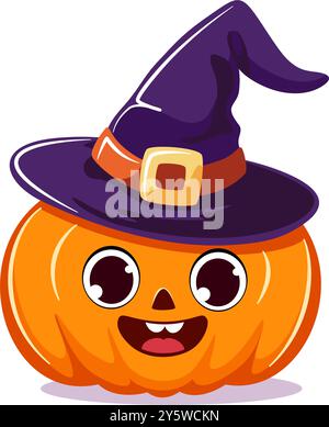 Simpatica zucca in un cappello da strega personaggi cartoni animati illustrazione vettoriale Illustrazione Vettoriale