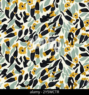 Moderno motivo blockprint in tessuto stampato con fiori selvatici e texture in lino. Motivi floreali boho scuri disegnati a mano stilizzati per elementi di design decorativi Foto Stock
